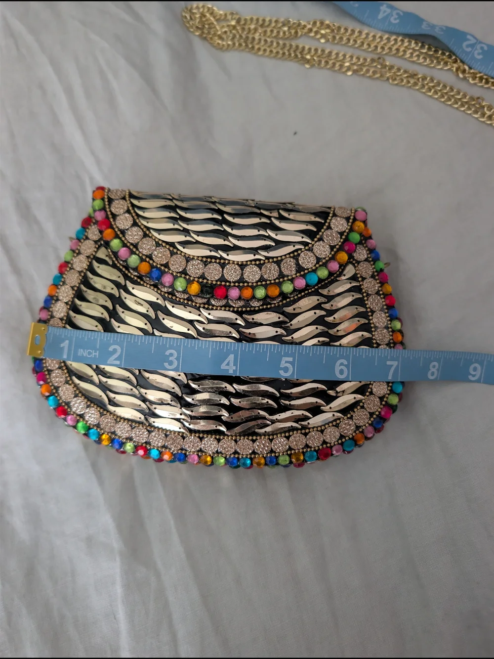 NWT RAMLA Handmade Embellished Metallic Gold Multi Gem Clutch Crossbody